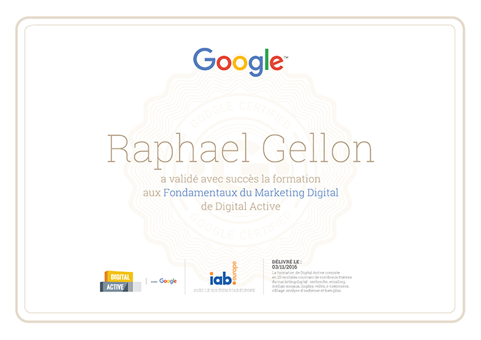 Certification Google digital active de Raphaël Gellon